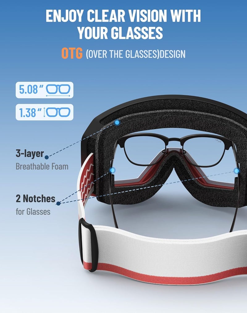 Innerking Ski/Snowboard Goggles OTG for Men Women & Youth - Over Glasses Snow Sports Goggles Anti Fog 100% UV400 Protection - Image 5